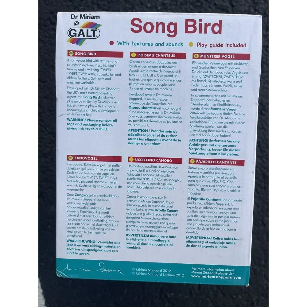 NEW Galt Toys Dr Miriam Baby Velour Song Bird Stuffed Animal Rattle Sound bin- M
